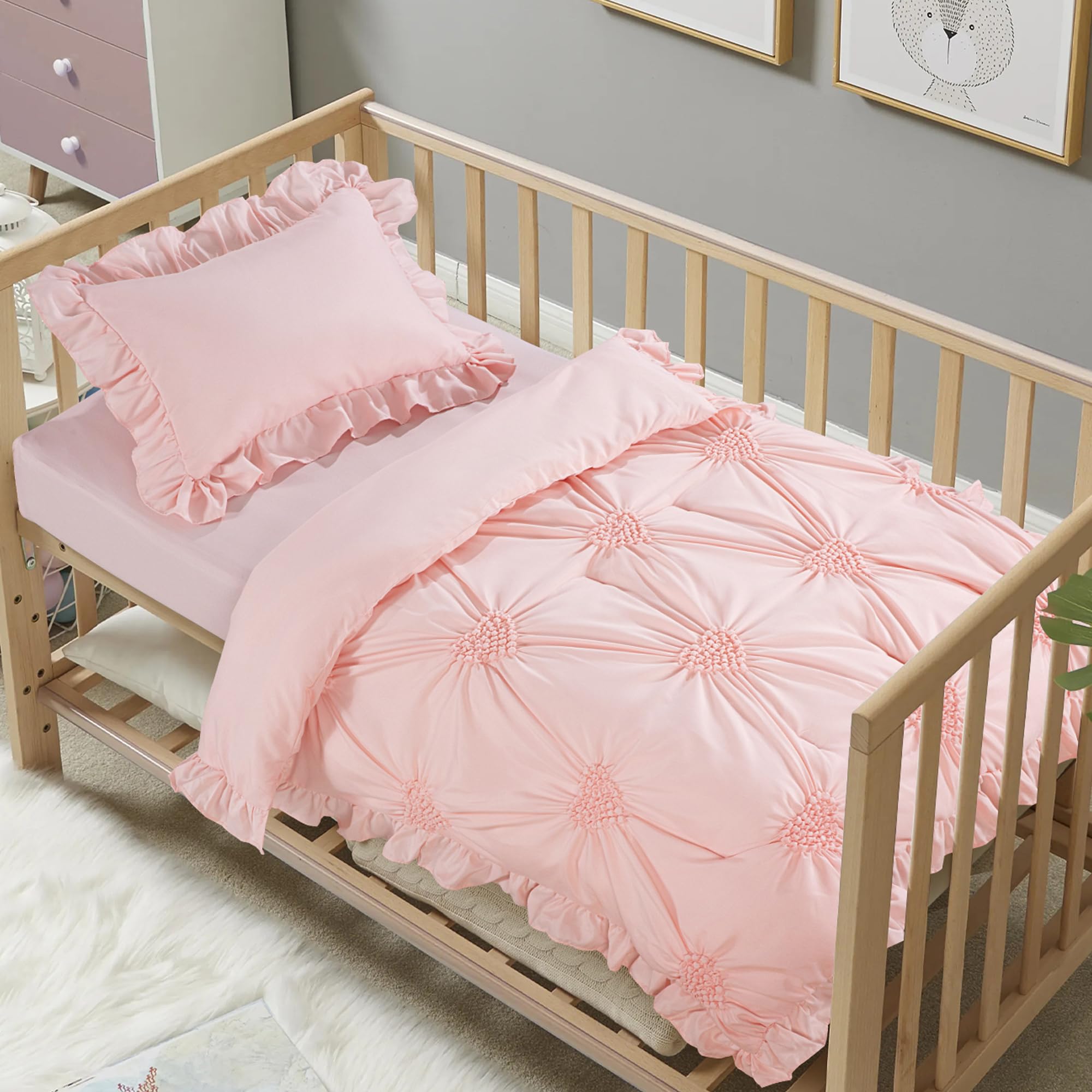 HOMBYS princess pink crib bedding with pintuck and ruffles for a charming nursery