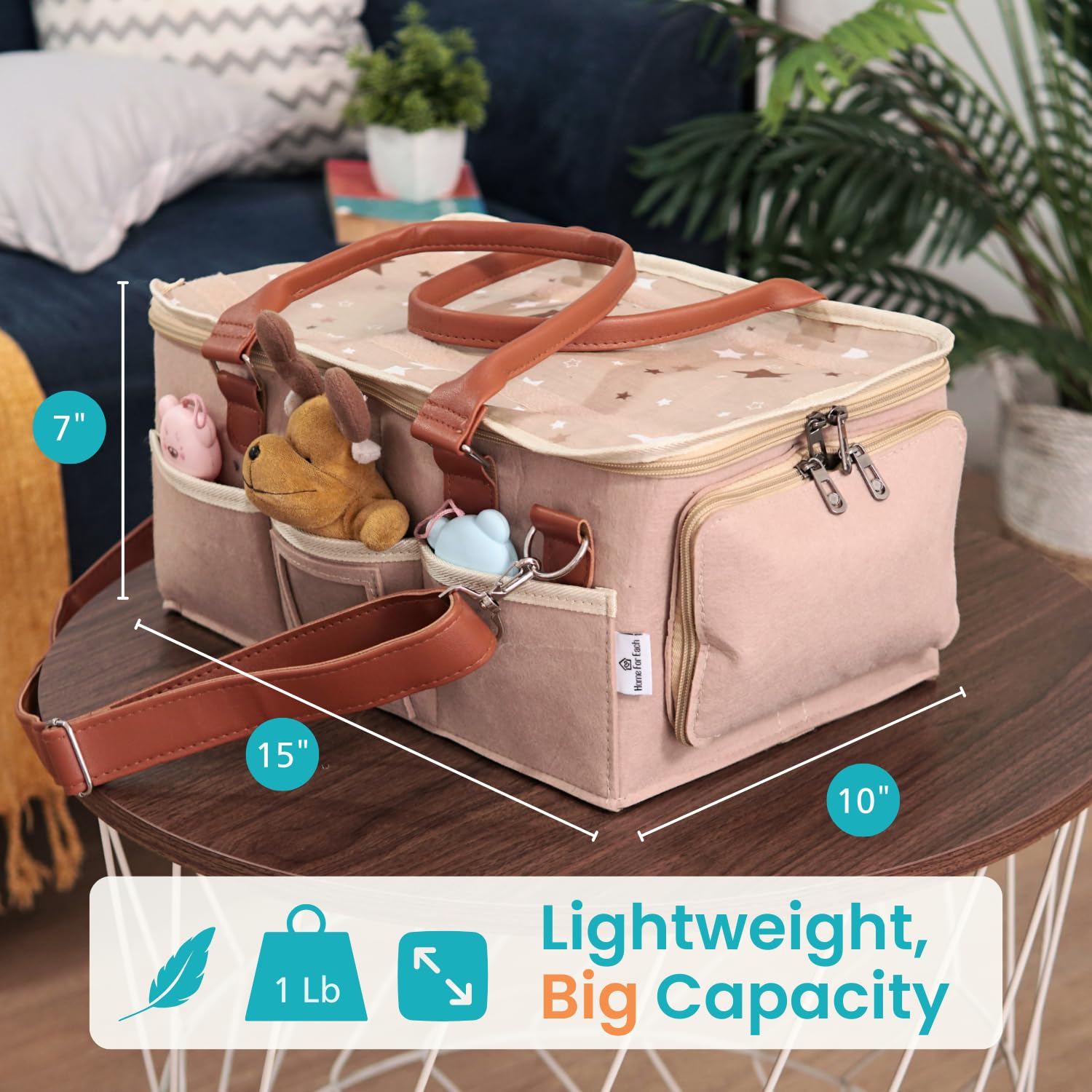 HOME FOR EACH diaper caddy compartments neatly dividing wipes and nappies for easy access