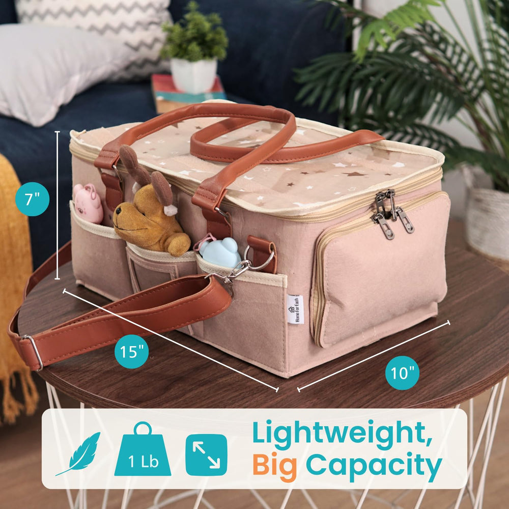 HOME FOR EACH diaper caddy compartments neatly dividing wipes and nappies for easy access