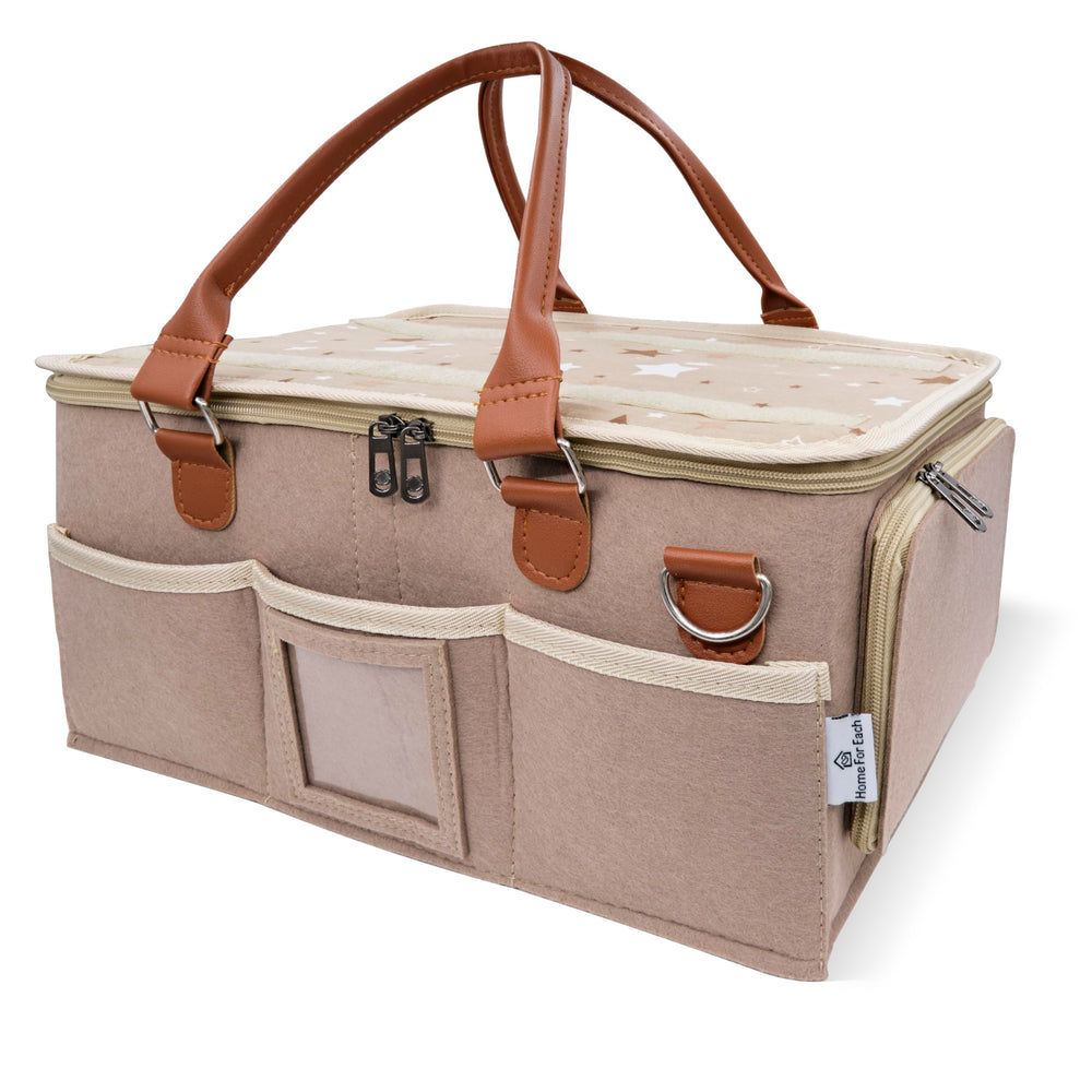 HOME FOR EACH diaper caddy with lid showing organized compartments for quick changes