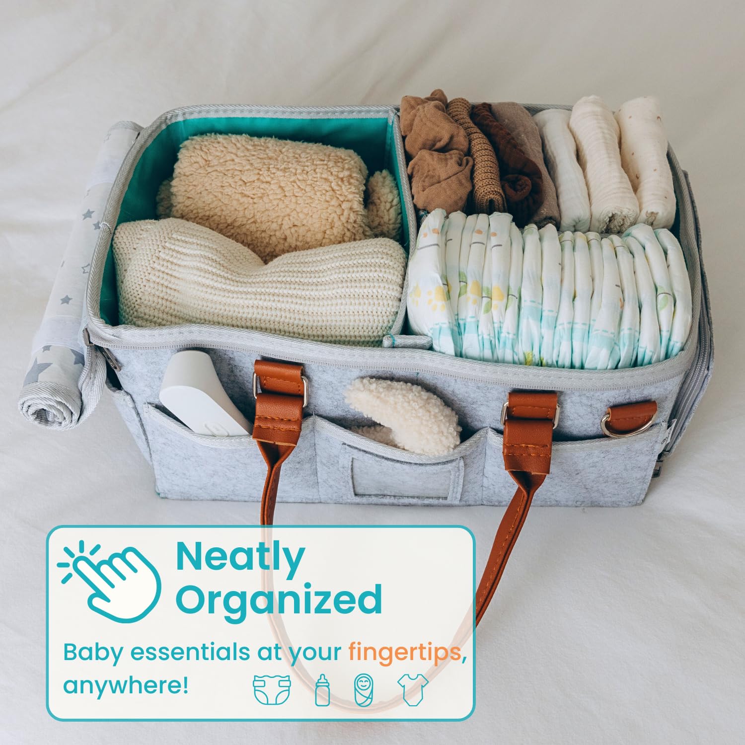 HOME FOR EACH diaper caddy multi compartments demonstrates quick access to wipes and nappies