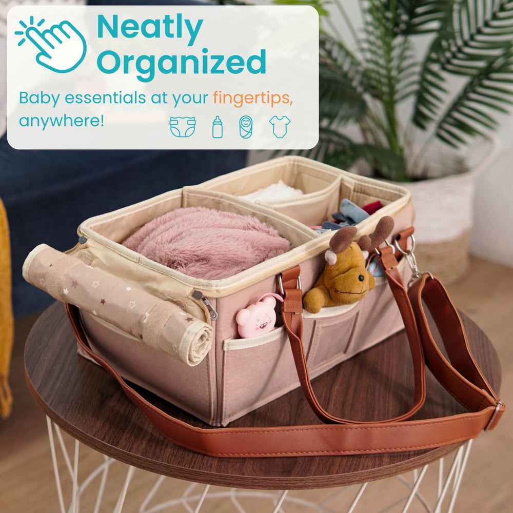 HOME FOR EACH travel-ready diaper caddy with handle and secure lid for trips