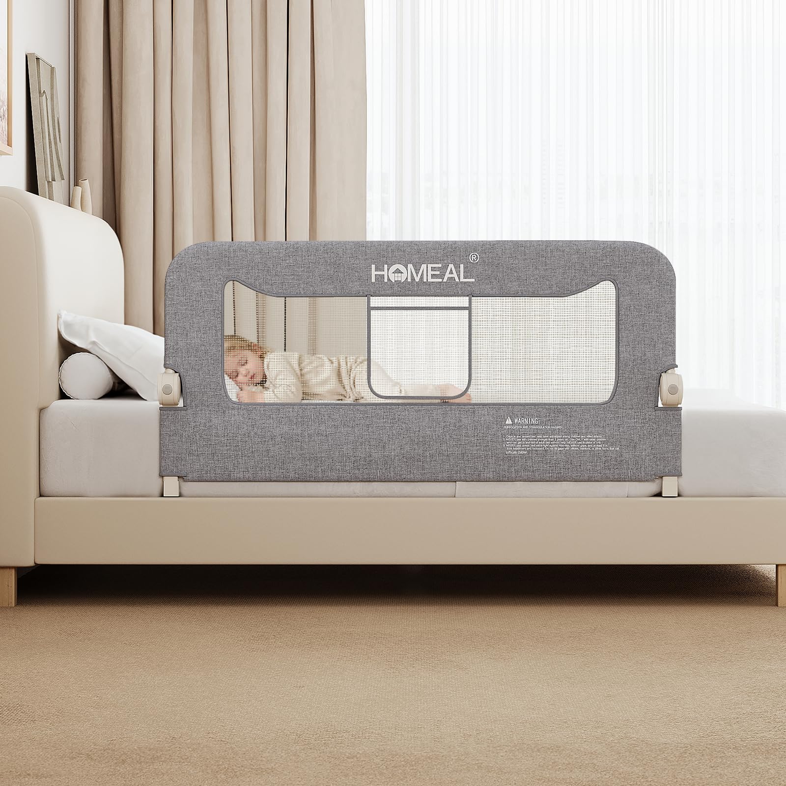 HOMEAL 47in foldable toddler bed rail with U-shaped base for added stability.