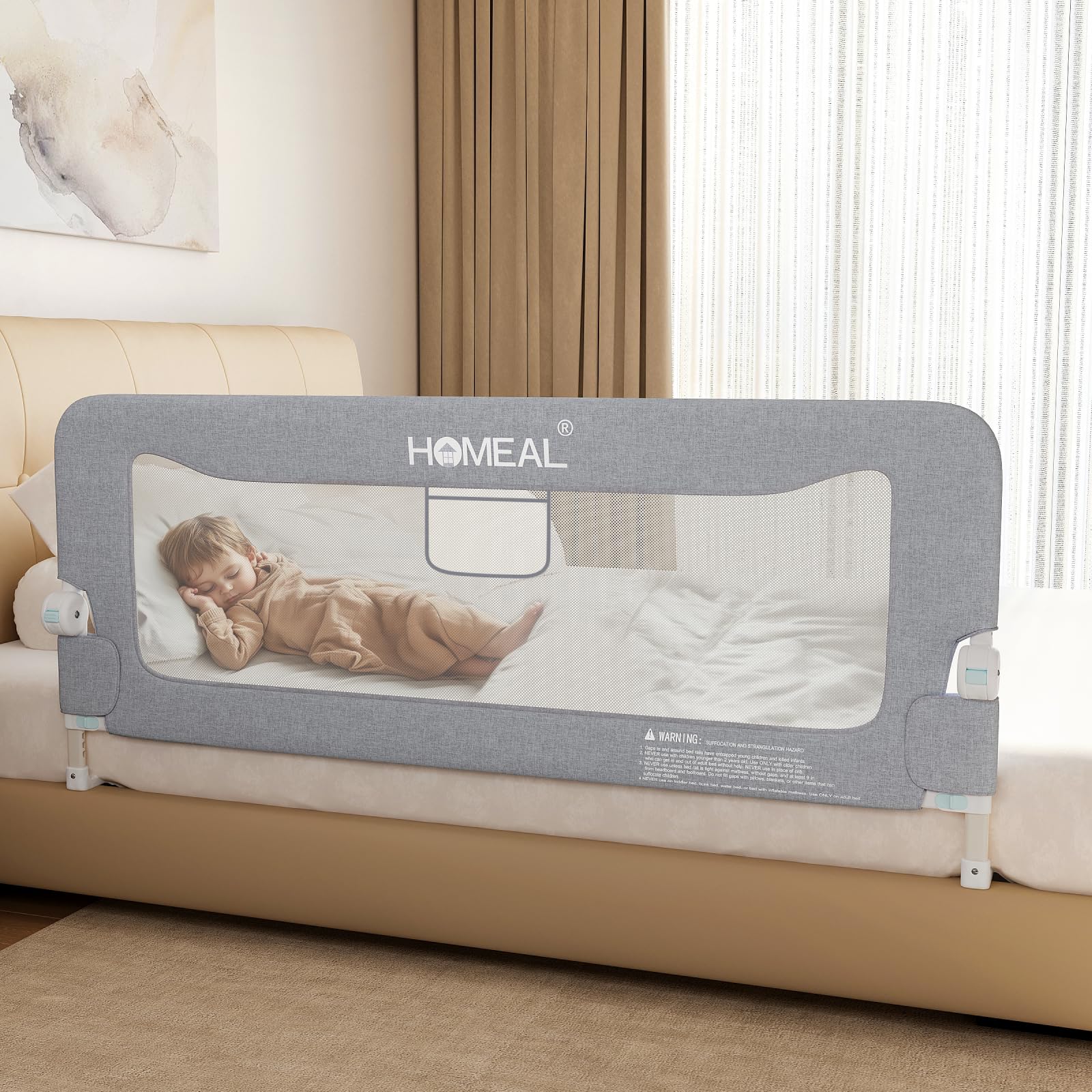 HOMEAL bed rail 59inch foldable gray for secure toddler sleep