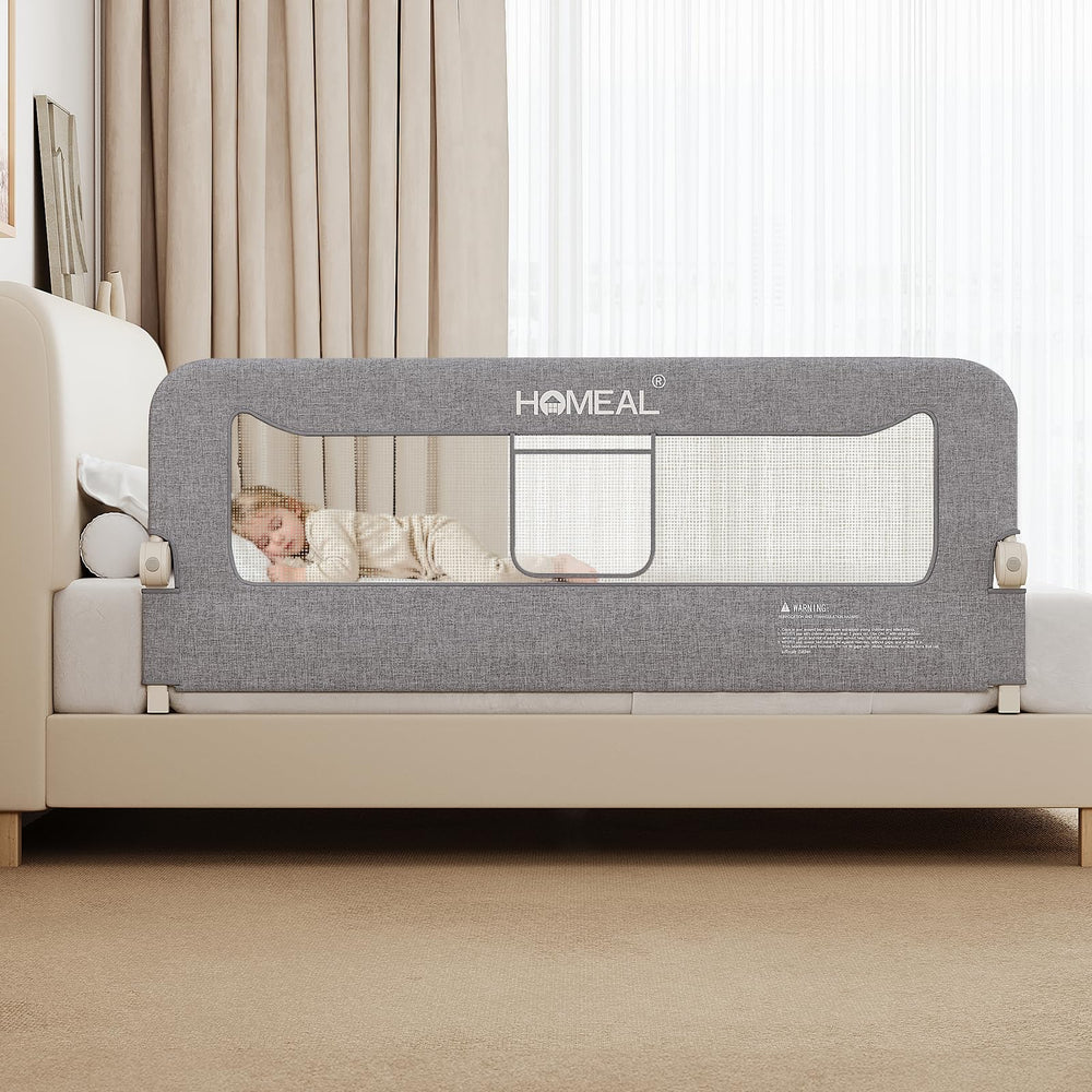 HOMEAL Bed Rail for Toddlers with a sturdy 59-inch swing-down base supports secure sleep.
