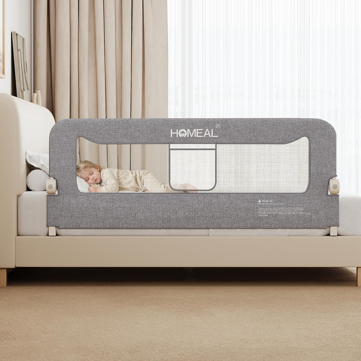 HOMEAL Bed Rail for Toddlers with a sturdy 59-inch swing-down base supports secure sleep.