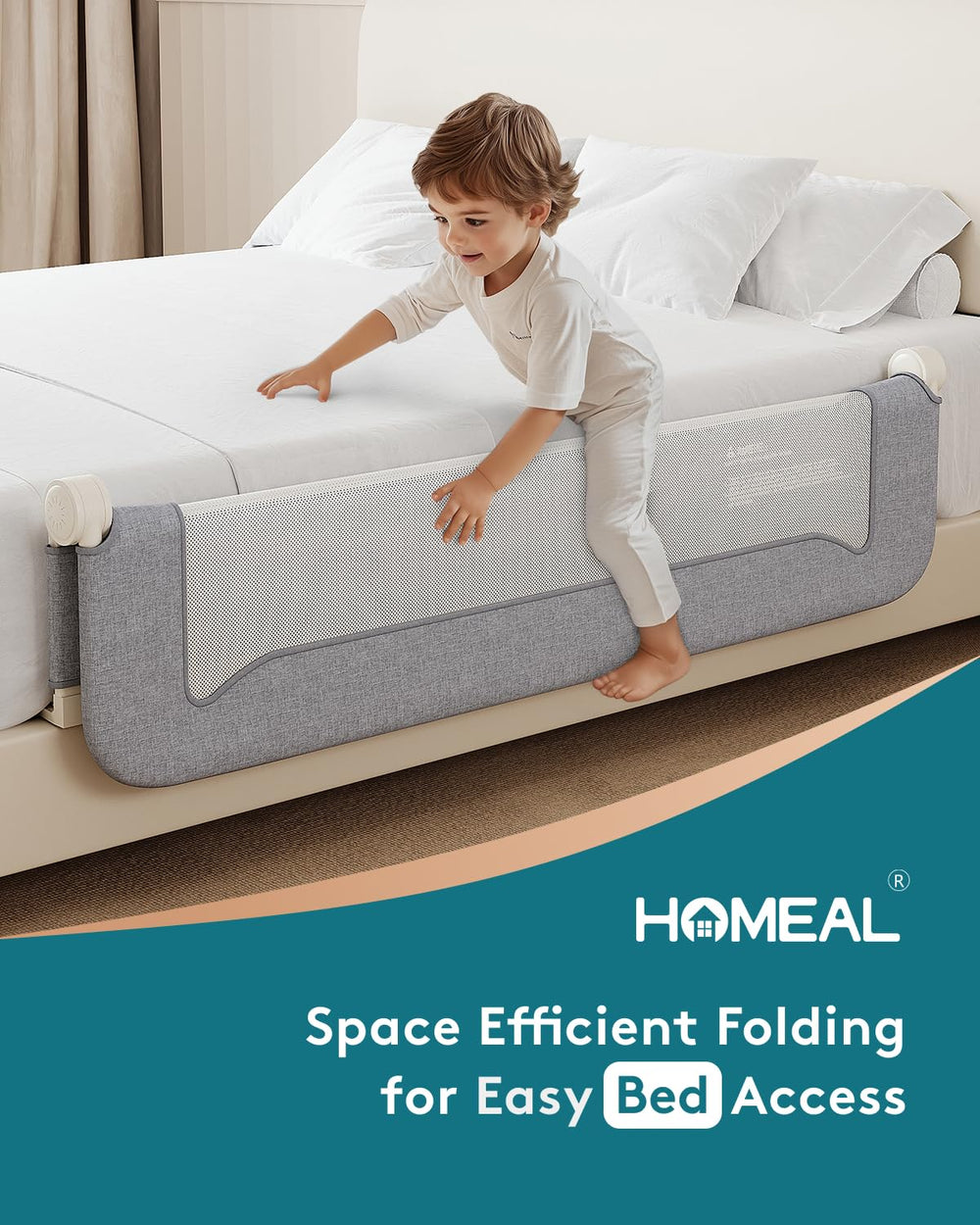 HOMEAL Bed Rail shows easy foldable design for quick bed access while keeping toddlers secure.