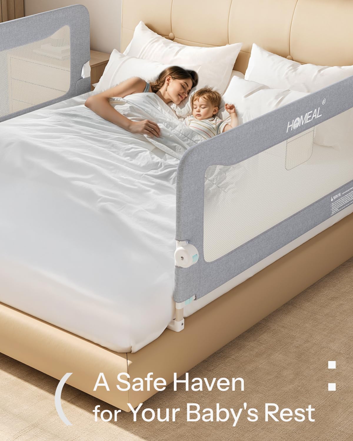 HOMEAL gray bed rail in a cozy bedroom setup for safe sleep