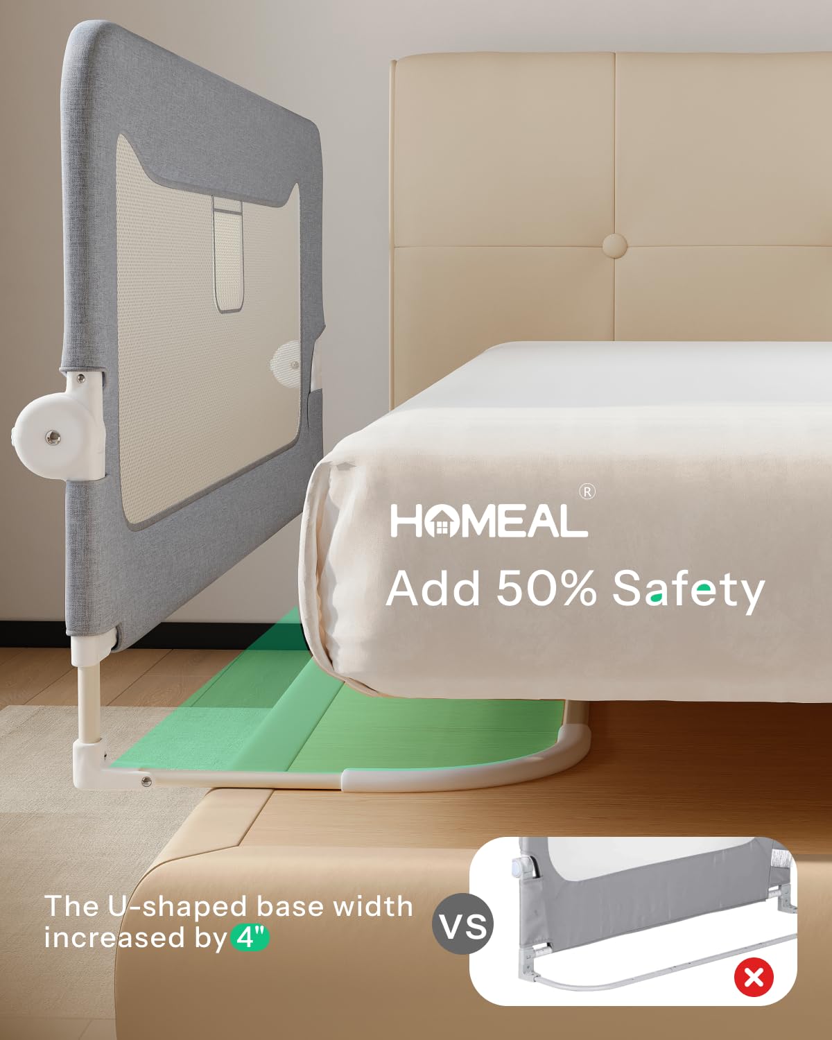 HOMEAL bed rail with U-shape base delivers extra stability