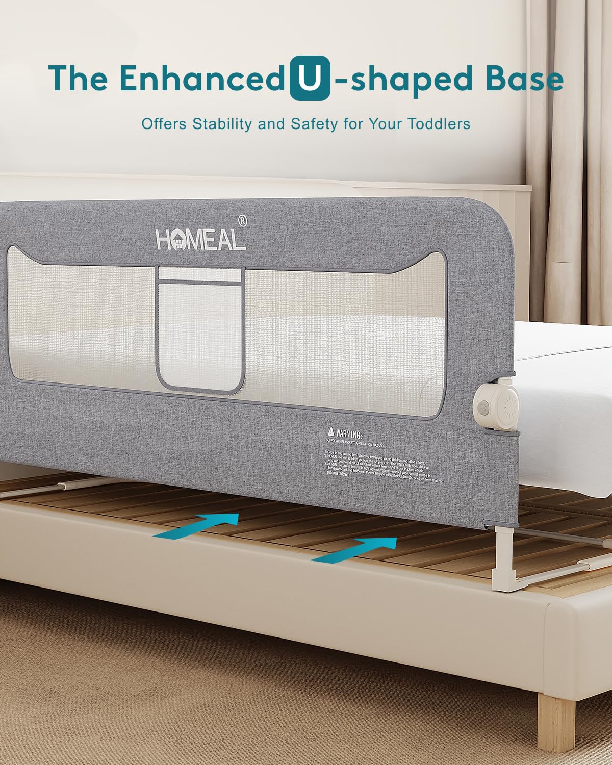 HOMEAL bed rail with U-shaped base adds extra stability for bedtime routines.