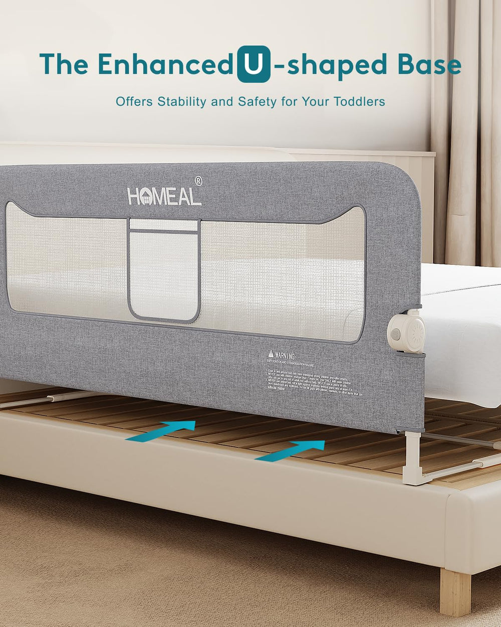 HOMEAL bed rail with U-shaped base adds extra stability for bedtime routines.