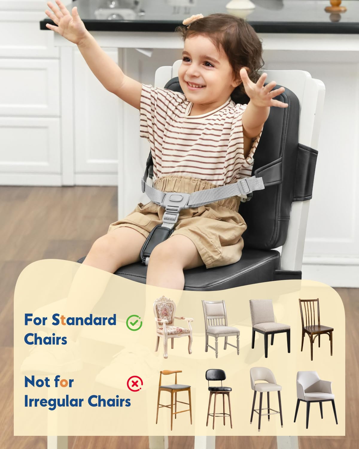 HOMEAL booster seat featuring breathable Leathaire fabric keeps child cool during meals.