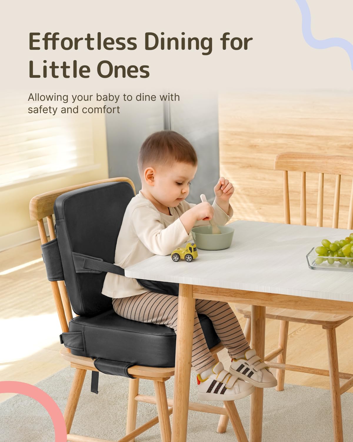 HOMEAL booster seat-non-slip-base prevents chair movement for worry-free meals.