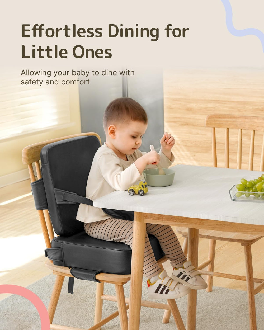 HOMEAL booster seat-non-slip-base prevents chair movement for worry-free meals.