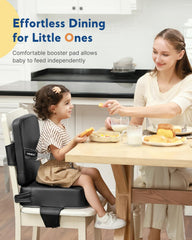 HOMEAL booster seat showing non slip base preventing slips on dining chairs.