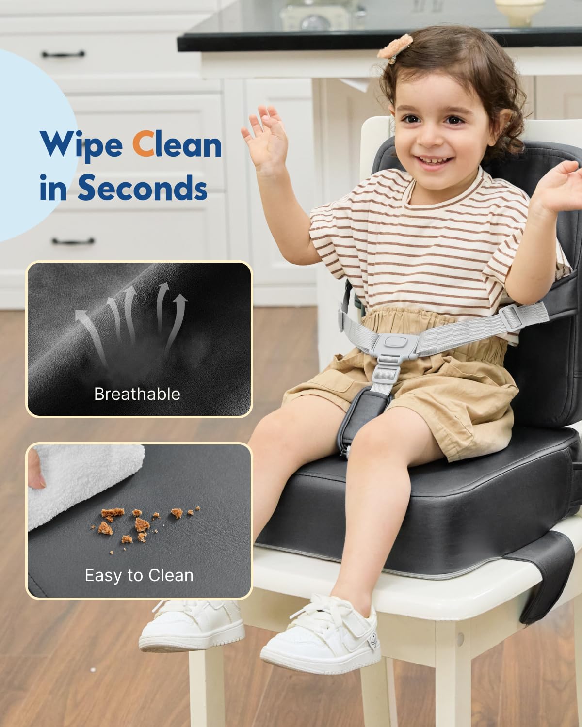 HOMEAL booster seat surface is waterproof for quick wipe clean after spills.