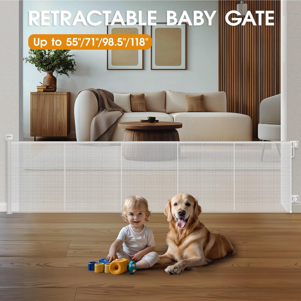 HOMEAL mesh gate in a doorway, designed for easy one-handed operation.