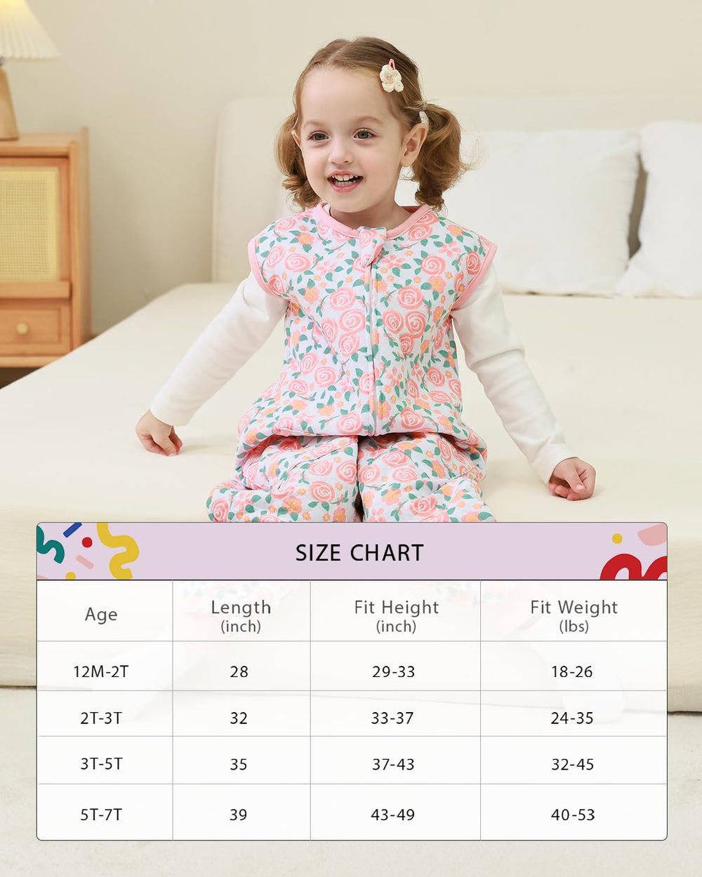 HOMEAL pink rose sleep sack on a child in a cozy nursery setting.