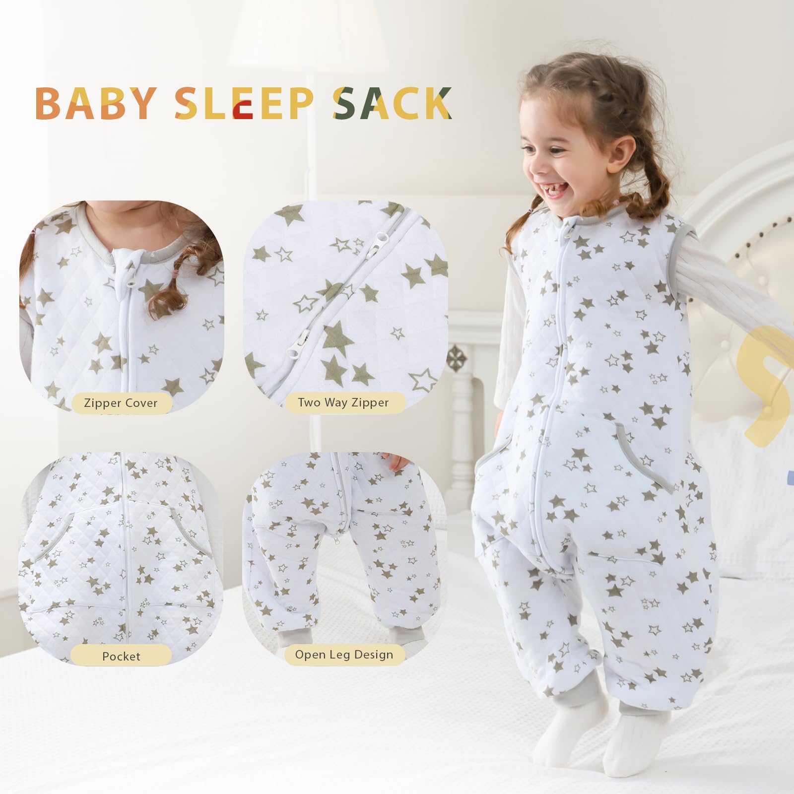 HOMEAL sleep sack with dual zippers for easy diaper changes.