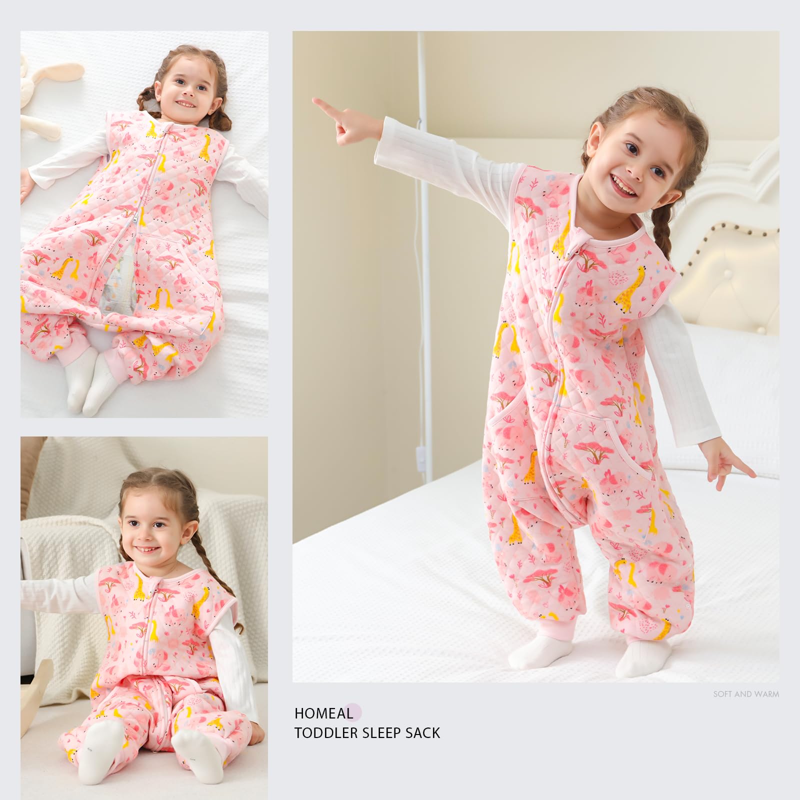 HOMEAL Sleep Sack leg-length adjustment highlights the product's ability to fit growing toddlers.