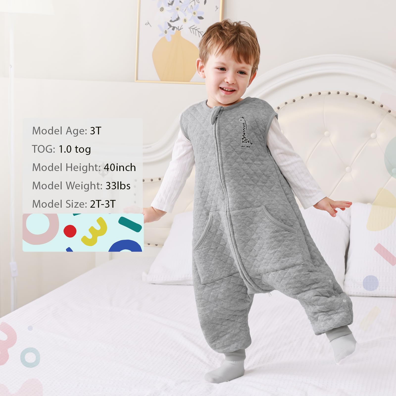 HOMEAL sleep sack with leg-snaps supports growing toddlers.