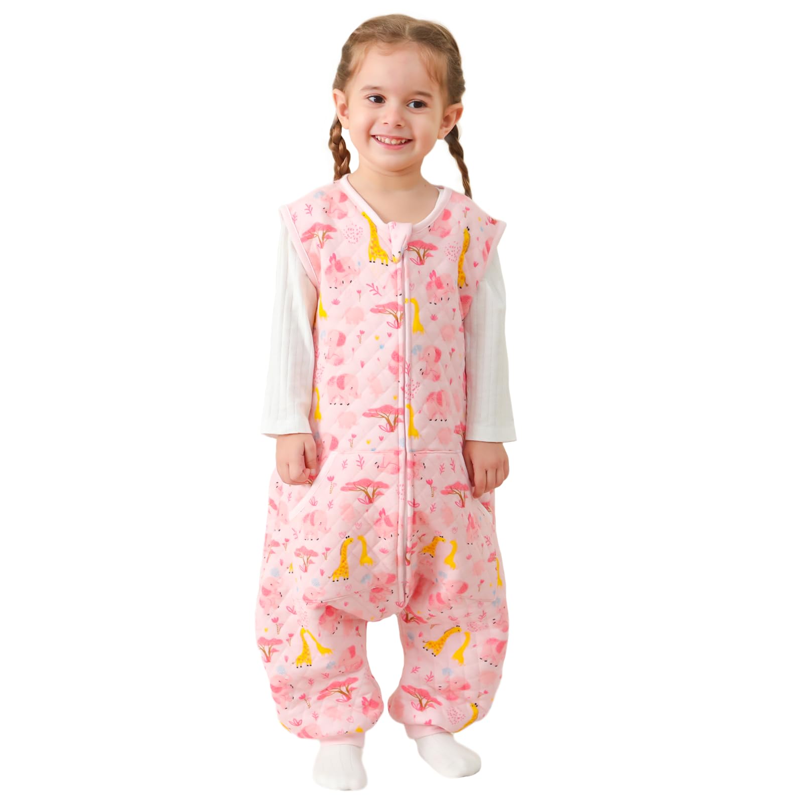 HOMEAL Toddler Sleep Sack with legs front view in pink for all-night warmth.