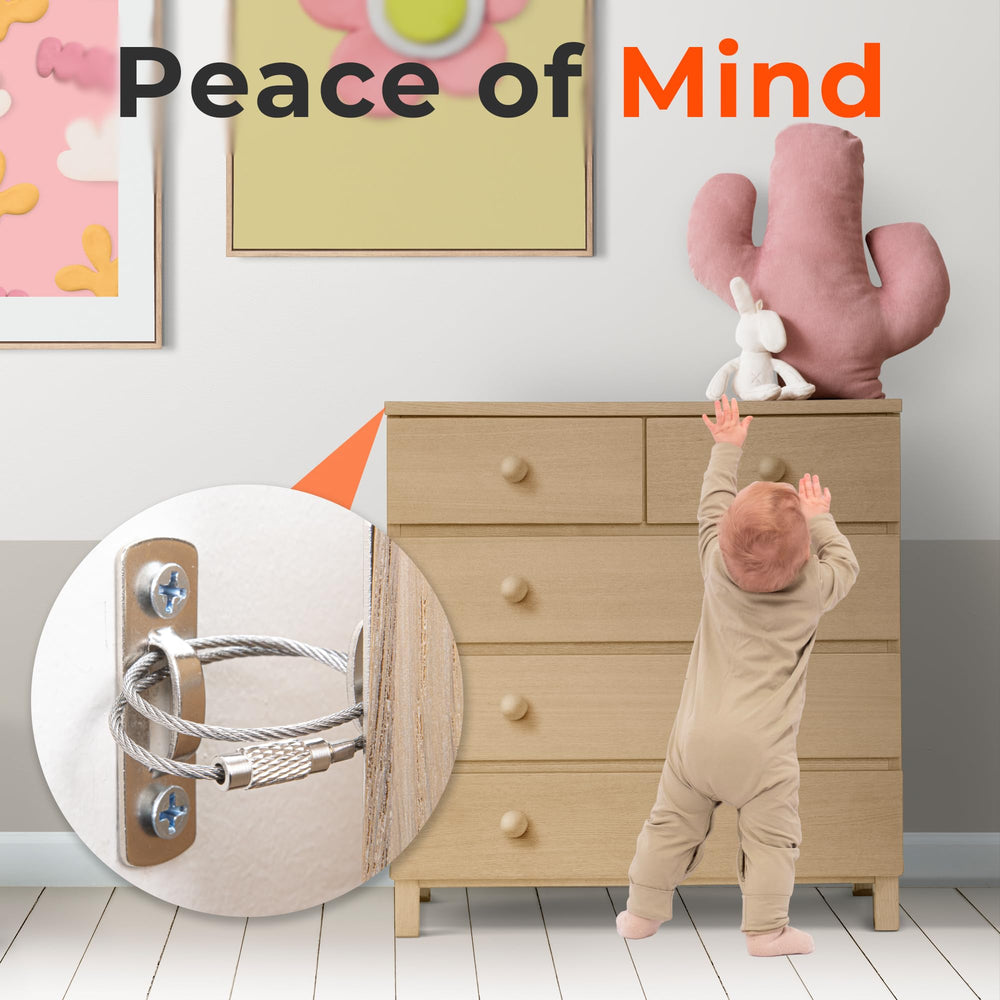 HomeBrella anti-tip straps on dresser demonstrate sturdy, easy-to-install safety anchors.