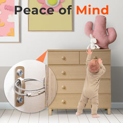 HomeBrella anti-tip straps on dresser demonstrate sturdy, easy-to-install safety anchors.