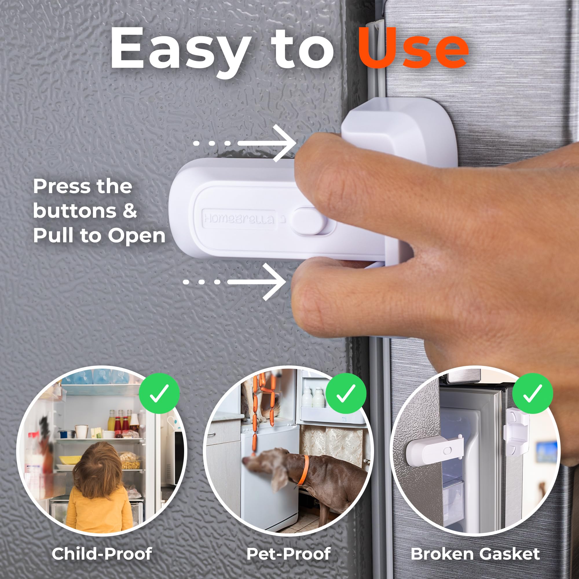 HomeBrella 2-pack fridge latch keeps doors shut without tools.