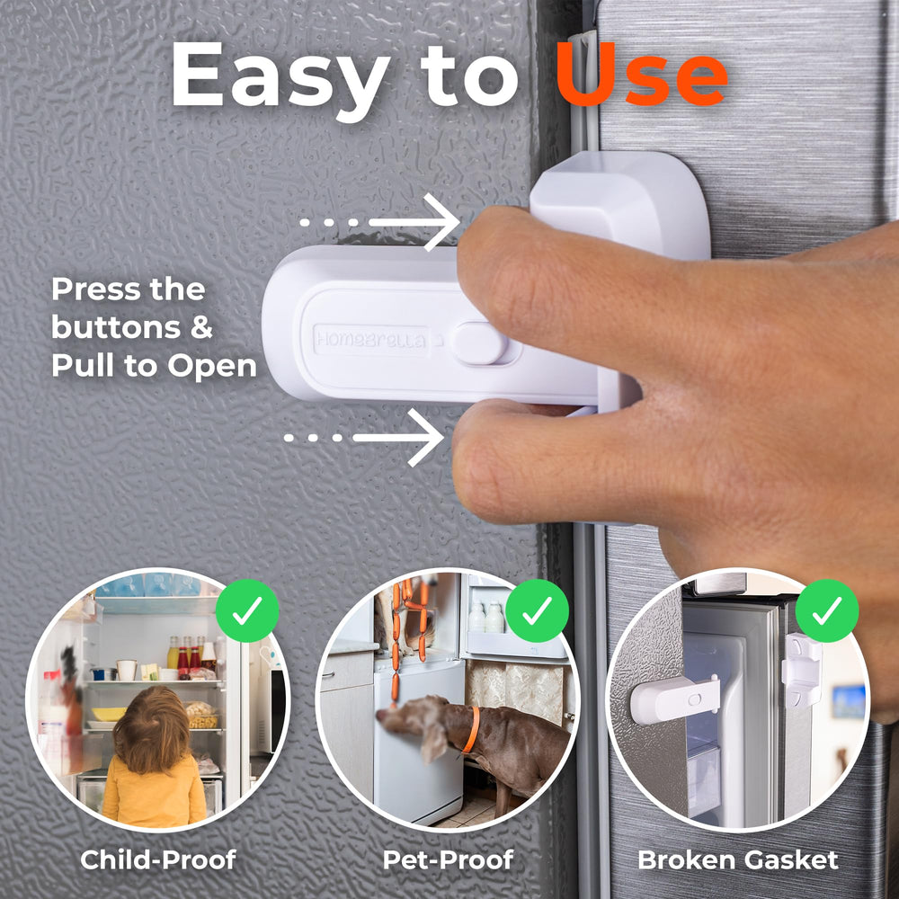 HomeBrella 2-pack fridge latch keeps doors shut without tools.