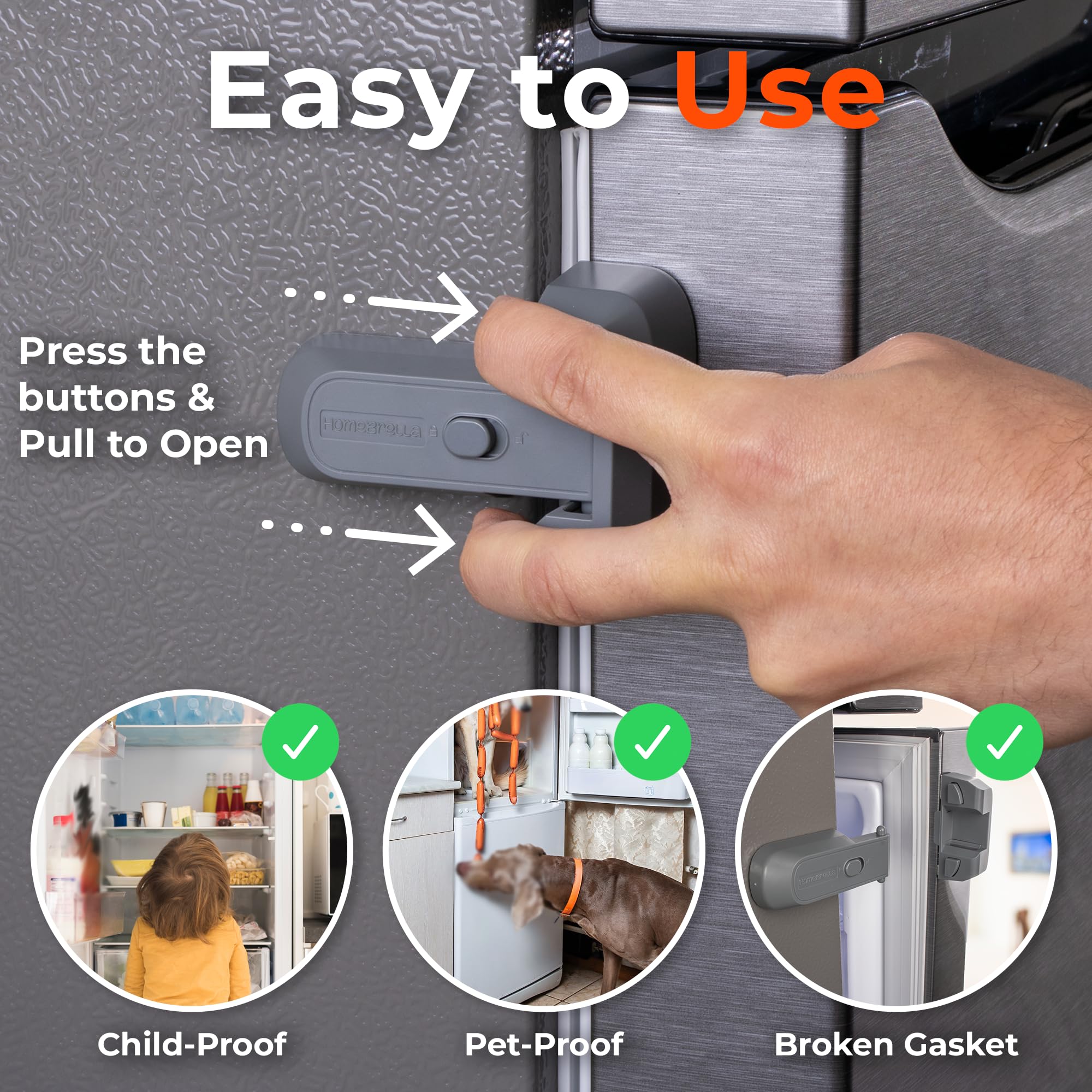 HomeBrella fridge lock in use with two-button release for toddlers.