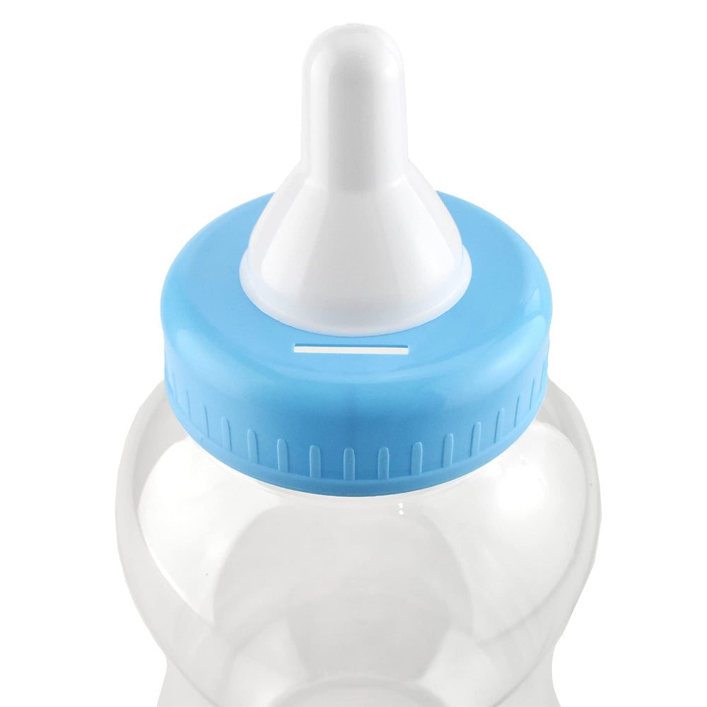 Homeford jumbo milk bottle coin bank in light blue, invites guest coin contributions.