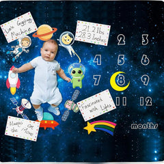 Homegician Baby Milestone Blanket spread with space theme, ideal for monthly growth photos.