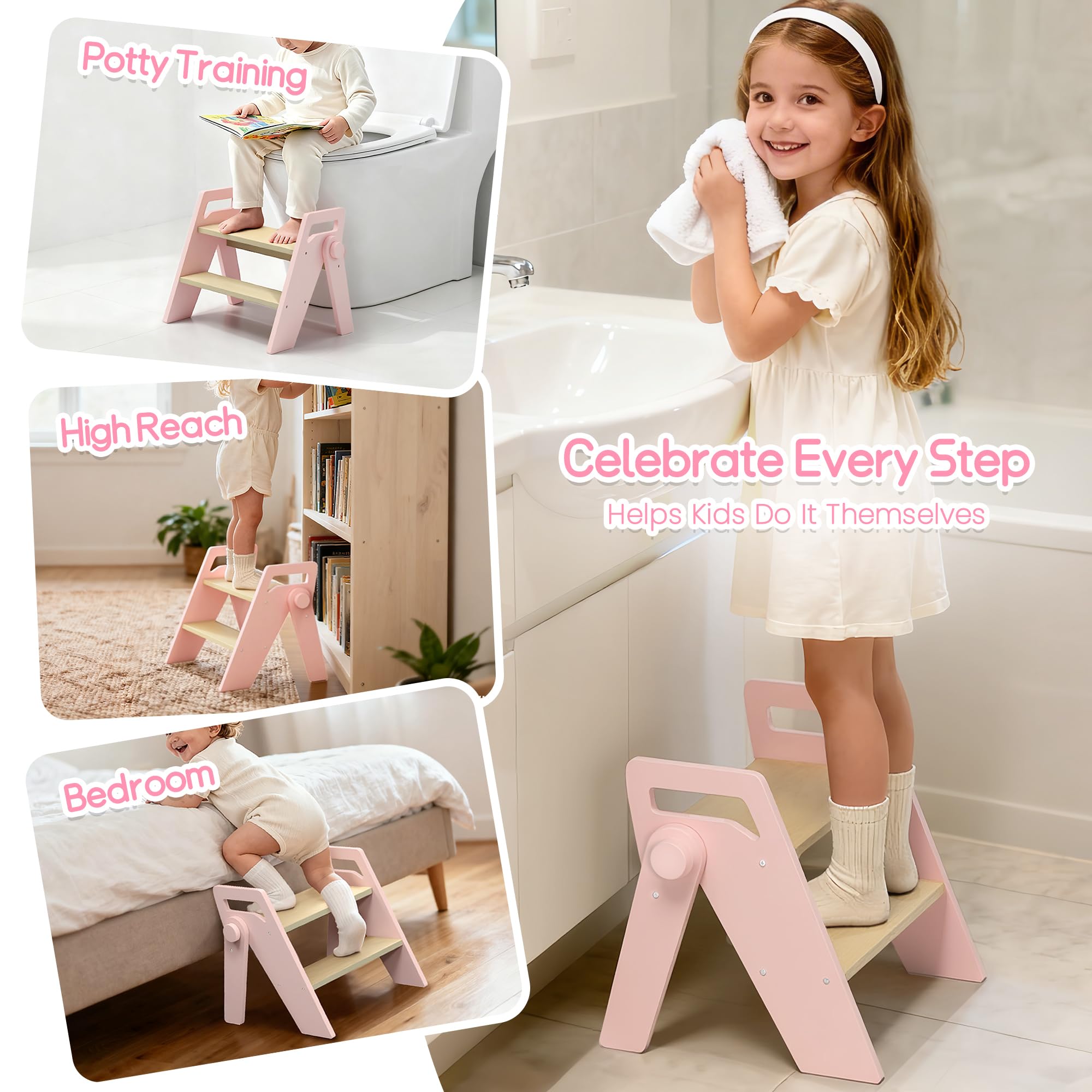 HOMEKOL pink wooden toddler stool side view highlights durable construction for daily bathroom use.