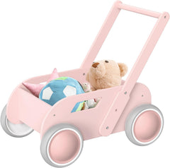 HOMEKOL wooden baby walker in nature pink with push features to support first steps