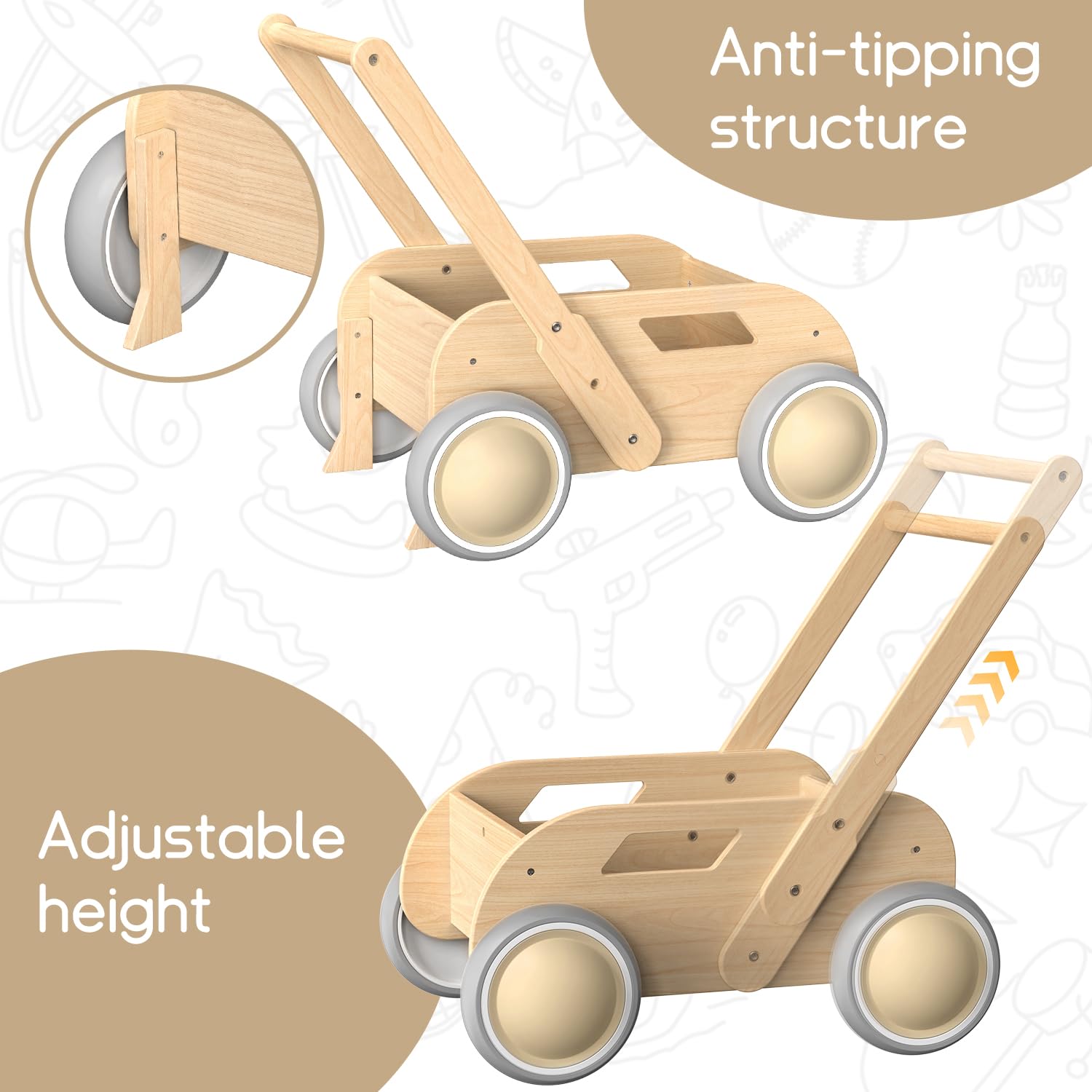 HOMEKOL wooden baby walker soft rubber wheels glide quietly on floors