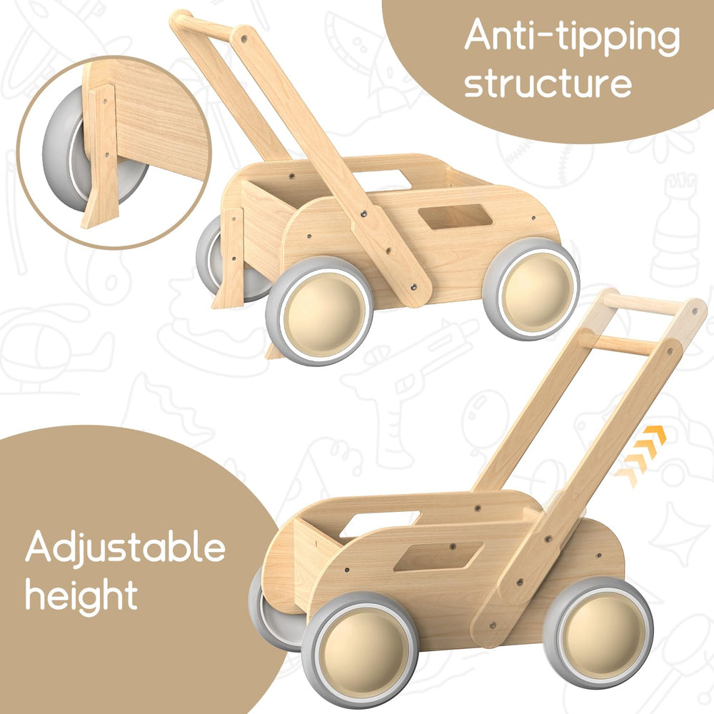 HOMEKOL wooden baby walker soft rubber wheels glide quietly on floors