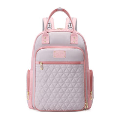 Homfu diaper bag backpack front view showing stylish grey and pink accents for daily use