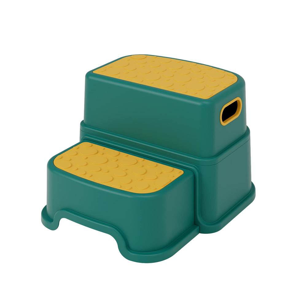 HOMKO 2-step stool in green, main view shows compact, sturdy design for safe toddler access.