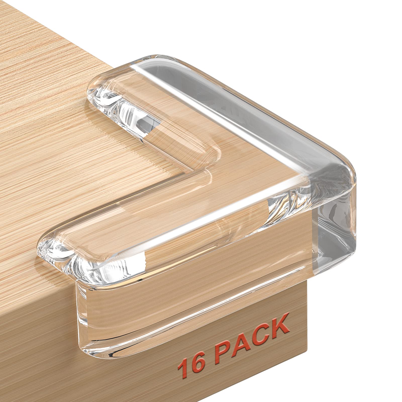 HOMREALM corner protector in clear silicone applied to a table edge for safety.