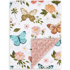 HOMRITAR floral baby blanket front view with soft Minky fabric in pink hues
