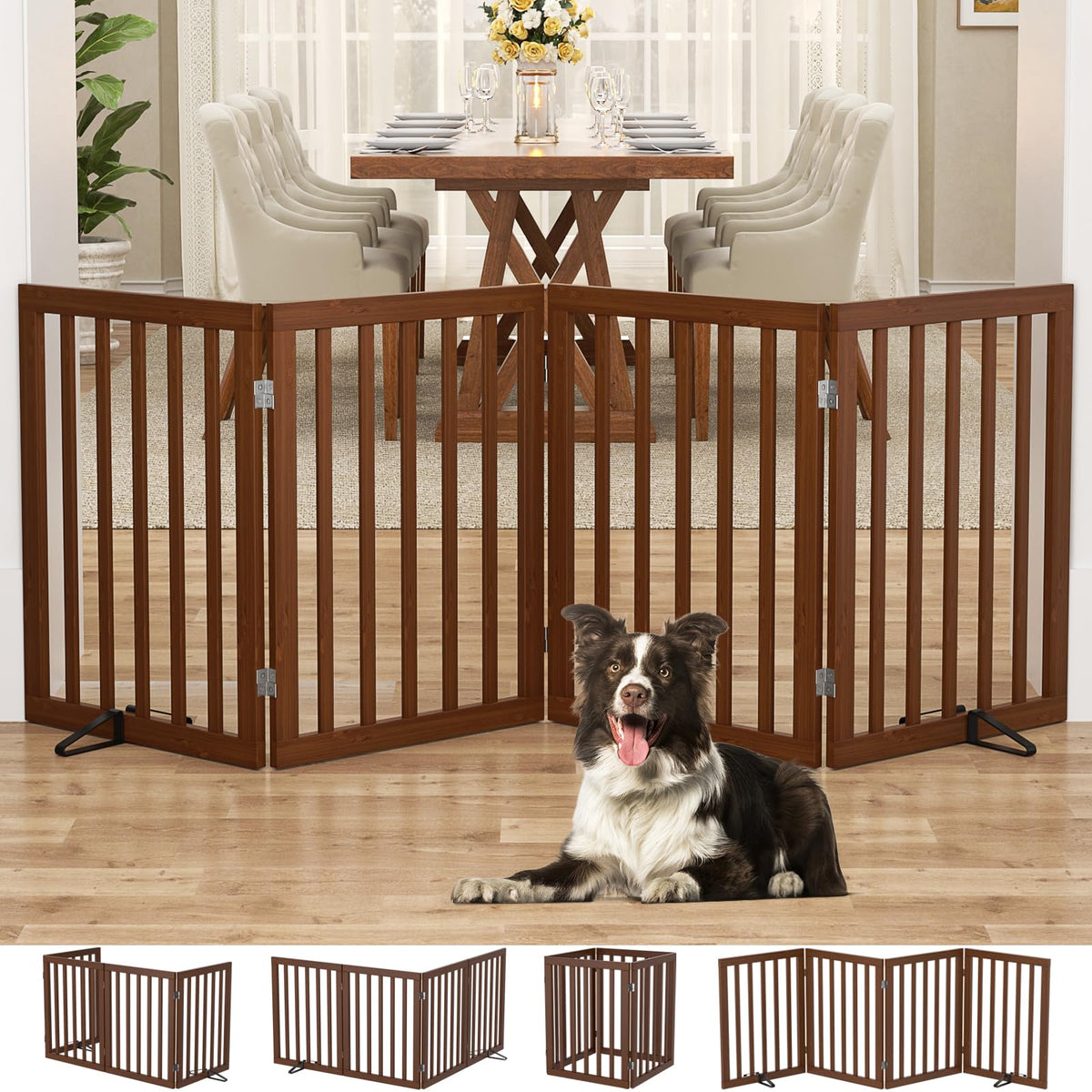 Homykic bamboo freestanding dog gate fully expanded across a doorway