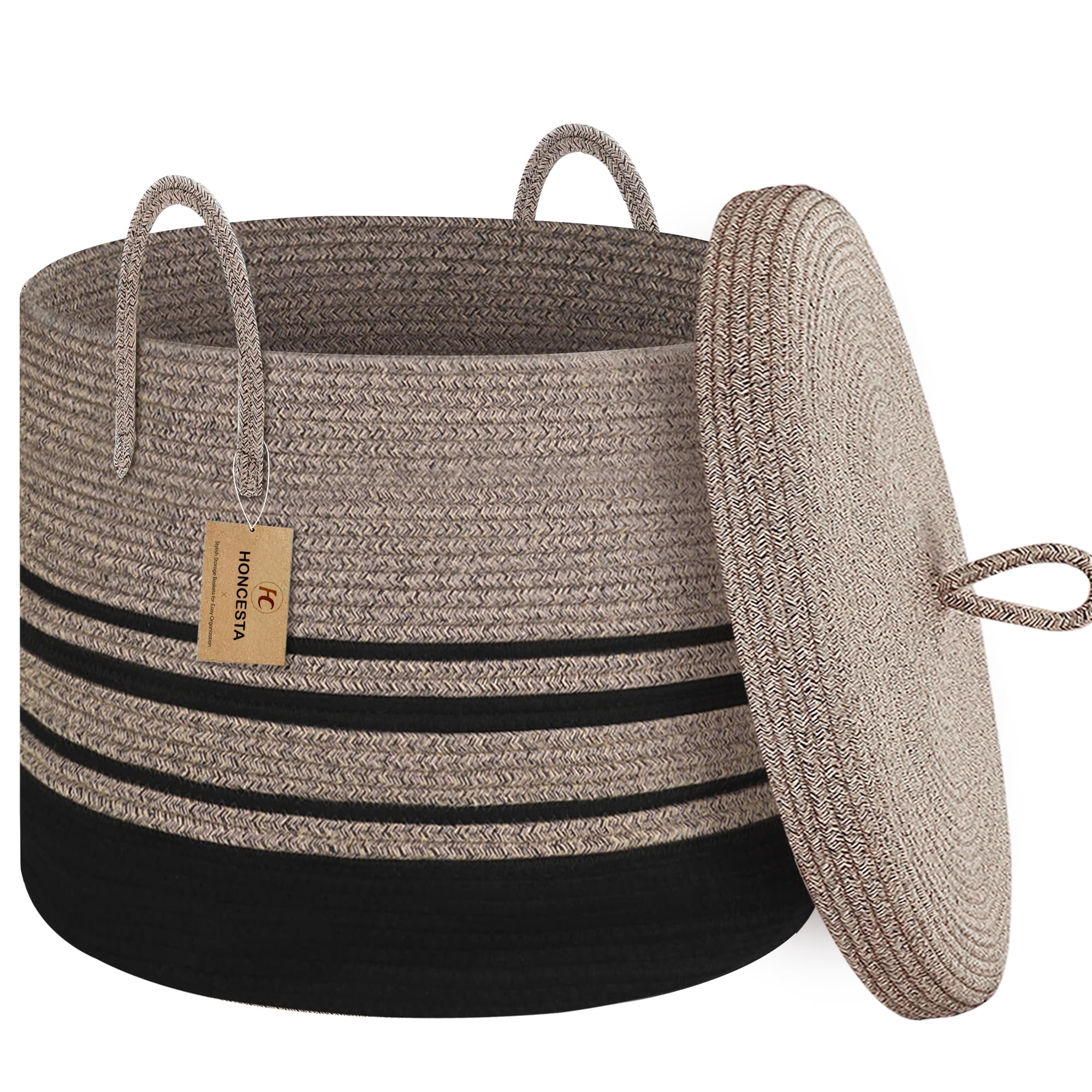 HONCESTA blanket basket with lid for tidy blanket storage.