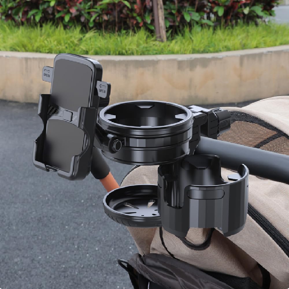 HoneTeek 3-in-1 stroller cup holder angle view with cup and phone storage.