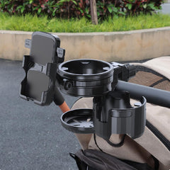 HoneTeek 3-in-1 stroller cup holder angle view with cup and phone storage.