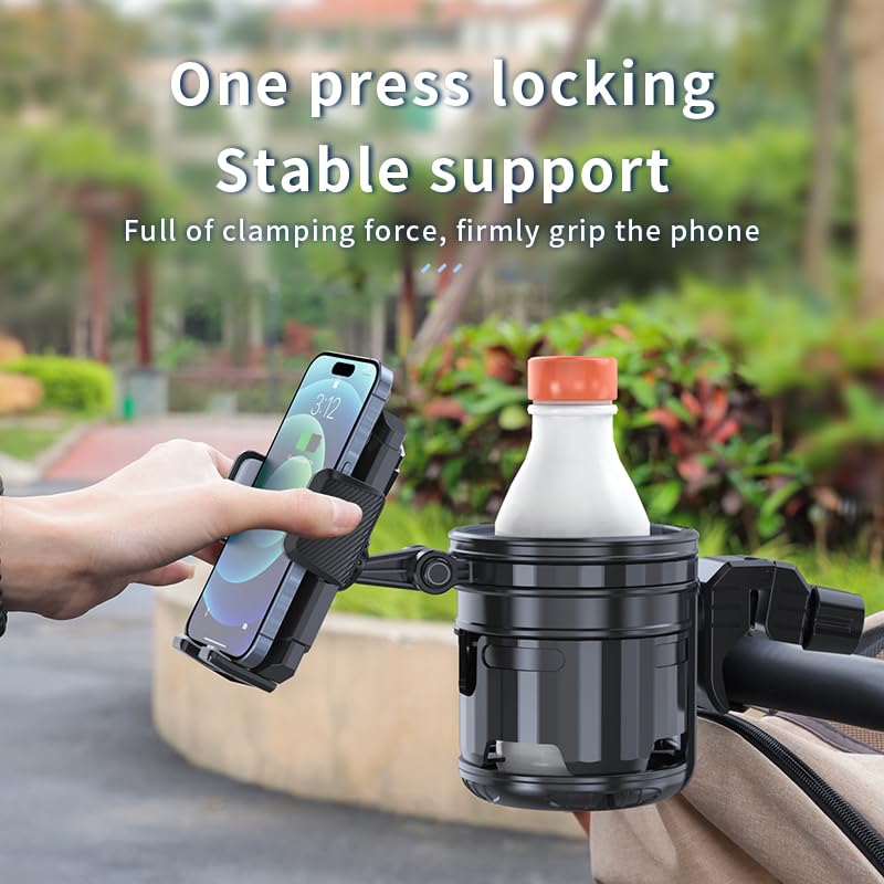 HoneTeek 3-in-1 stroller phone mount with 360° rotation for easy viewing.