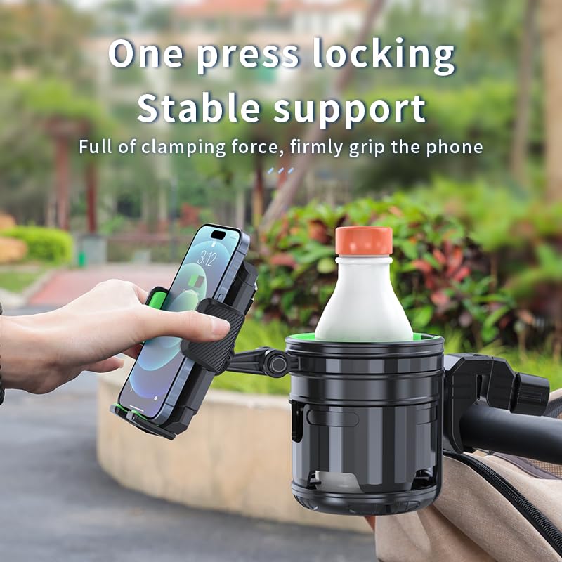 HoneTeek universal cup holder and phone mount shown in side angle with secure grip.