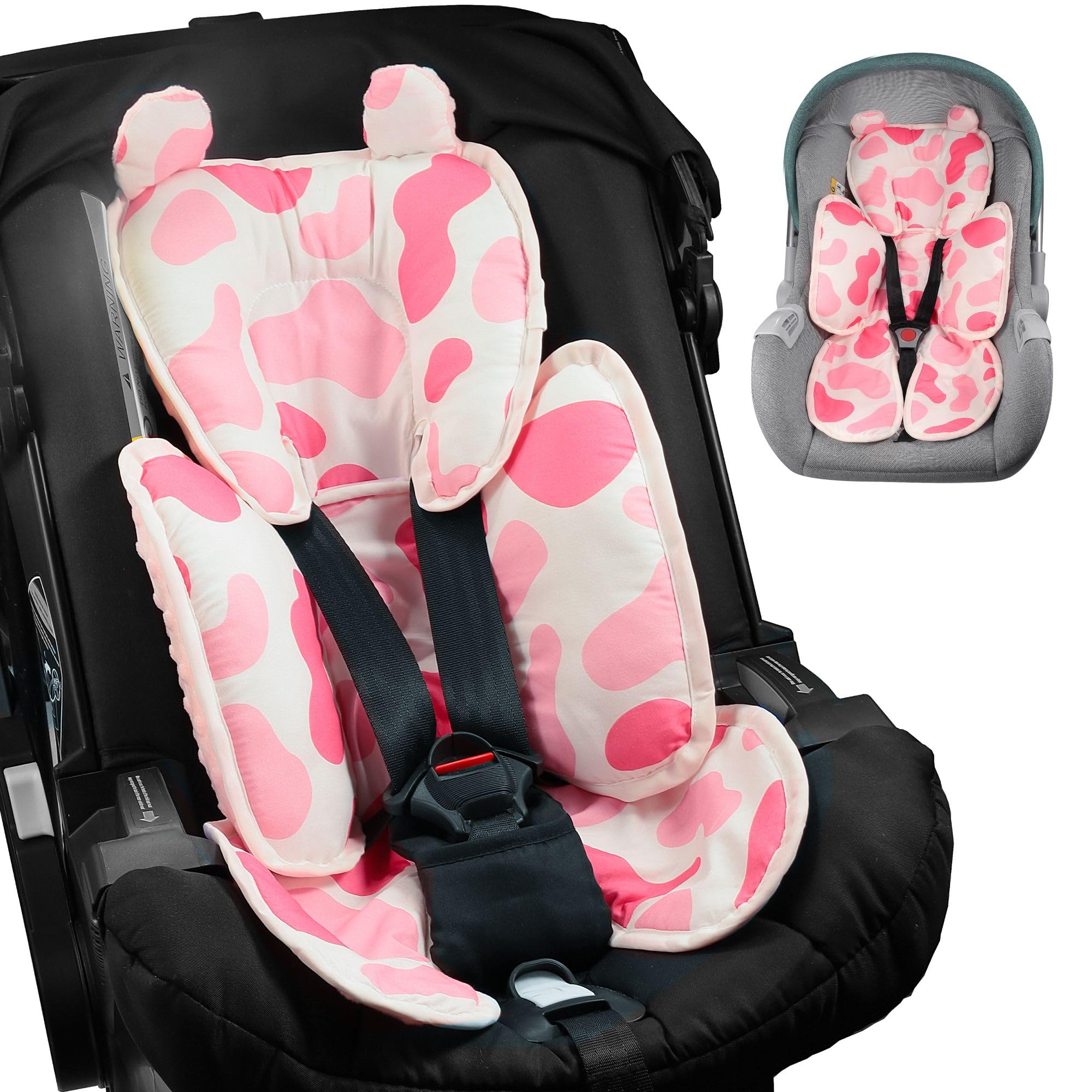Honeau Baby 3in1 head and body support in pink keeps infant snug on every ride.