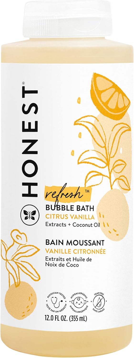 The Honest Company Citrus Vanilla bubble bath bottle with tear-free cleansing.