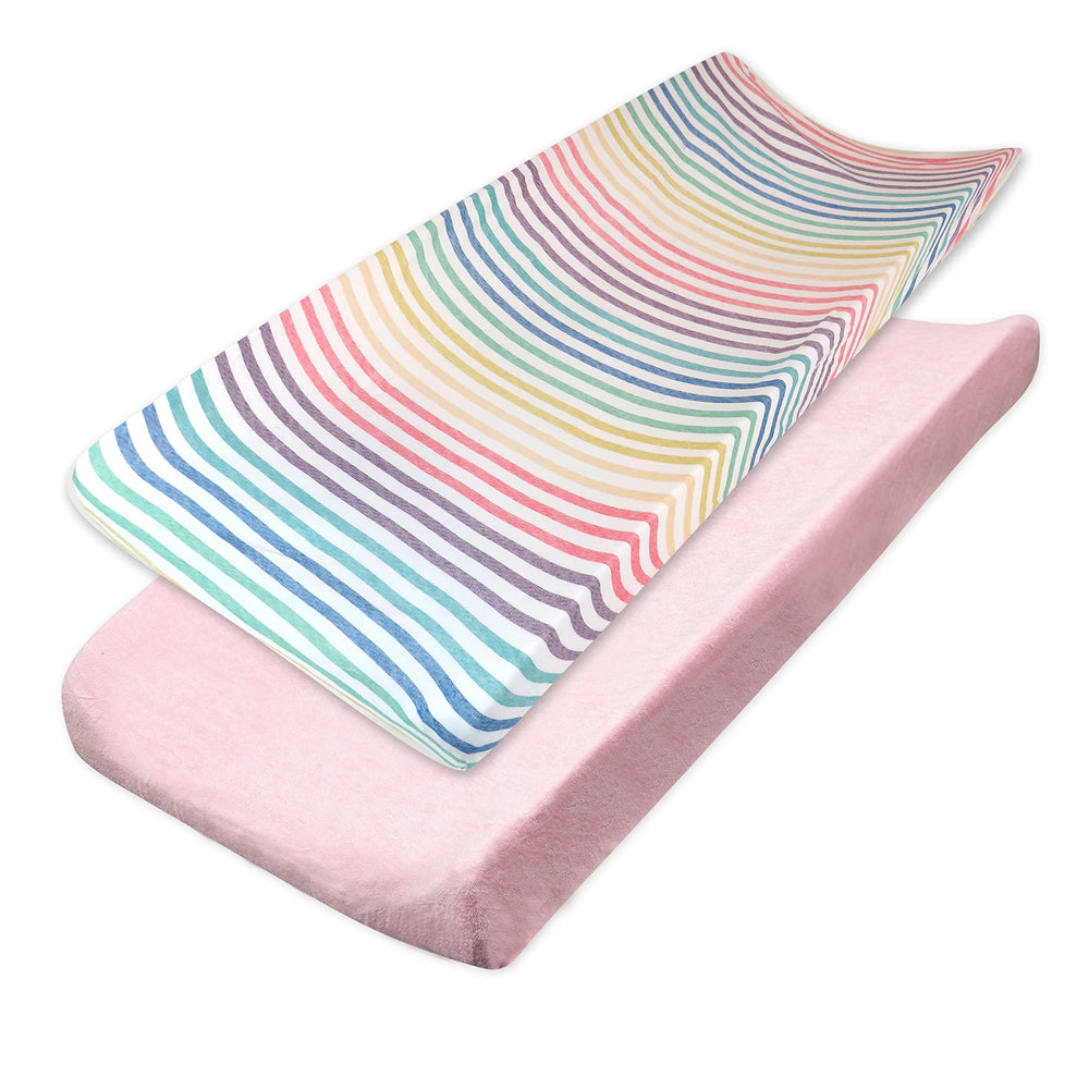 HonestBaby rainbow stripe changing pad cover in terry knit for soft, cozy diaper changes.